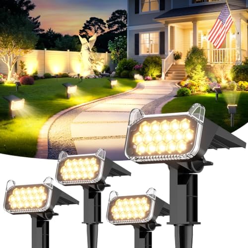 Solar Spot Lights Outdoor Waterproof IP65, Super Bright LEDs with Lens, 2 Lighting Modes, 2 in 1 Auto On/Off Solar Powered Spotlights for Outside Landscape Holiday Decor, 4 Pack, Warm White