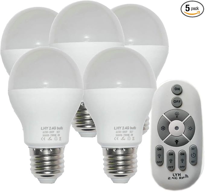 6W E27 Smart LED Light Bulbs Dimmable with 2.4GHz Wireless 3-Zone Remote Control - Adjustable Color Temperature (Warm/Cool) and Brightness 5 Pack (5 Bulb+1 Remote)