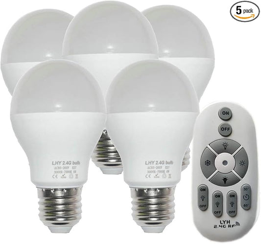 6W E27 Smart LED Light Bulbs Dimmable with 2.4GHz Wireless 3-Zone Remote Control - Adjustable Color Temperature (Warm/Cool) and Brightness 5 Pack (5 Bulb+1 Remote)