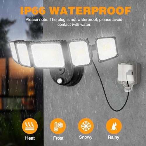 Onforu 150W 15000LM Dusk to Dawn Outdoor Lighting,5 Heads Plug in Flood Lights,6500K Super Bright Automatic Black Outdoor Lighting,IP66 Waterproof Hardwired LED Security Lights for Garage,Yard,Outside