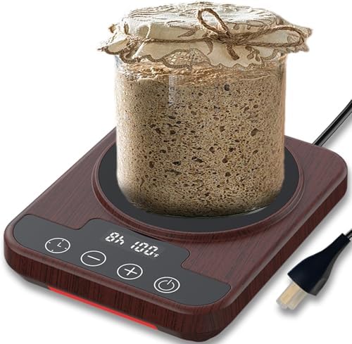 Sourdough Starter Warmer Mat, 12H Timer Warming Heating Pad, Precise 1°F Thermostat Control (70-100°F), Smart Memory Warming On/Off, Fits Jars Up to 40oz, Perfect for Home Baking (Wood)