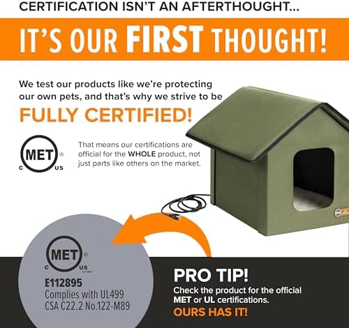 K&H Heated Cat House, Outdoor Kitty Shelter, Safety Listed, 20W, Olive