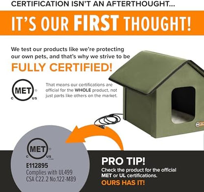 K&H Heated Cat House, Outdoor Kitty Shelter, Safety Listed, 20W, Olive