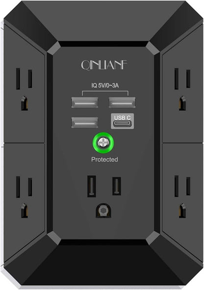 USB Wall Charger, Surge Protector, QINLIANF 5 Outlet Extender with 4 USB Charging Ports (4.8A Total) 3-Sided 1680J Power Strip Multi Plug Outlets Wall Adapter Spaced for Home Travel Office, Black