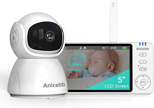 5" HD Video Baby Monitor with Camera and Audio, No WiFi Hack-Proof Security, Remote Pan-Tilt-Zoom, 100-Hour Battery Life in VOX Mode, 1000ft Range, Night Vision, Temperature & Cry Alerts