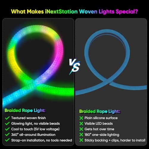 iNextStation 360° Glow 5V USB Rope Lights 16.4FT Smart RGB LED Strip Lights