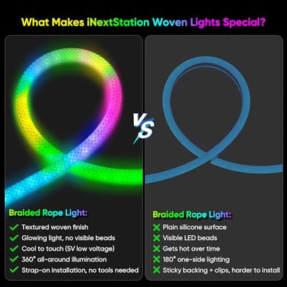 iNextStation 360° Glow 5V USB Rope Lights 16.4FT Smart RGB LED Strip Lights