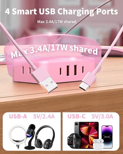 HOPOW Pink Extension Cord, 6 FT Flat Plug Power Strip, 4AC&2A2C, 1625W/13A