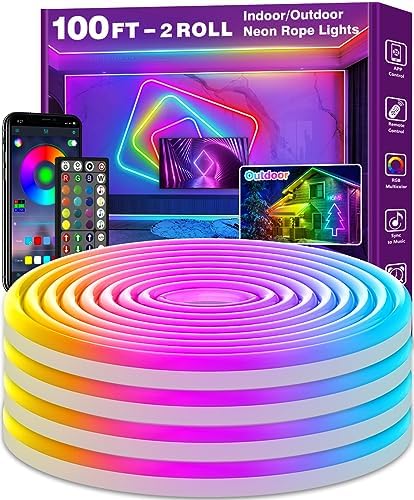 AILBTON 100FT Neon Rope Lights, RGB LED Strip Lights, Waterproof IP67 LED Lights for Bedroom, DIY Design, Music Sync, Remote Control, Multiple Modes for Bedroom