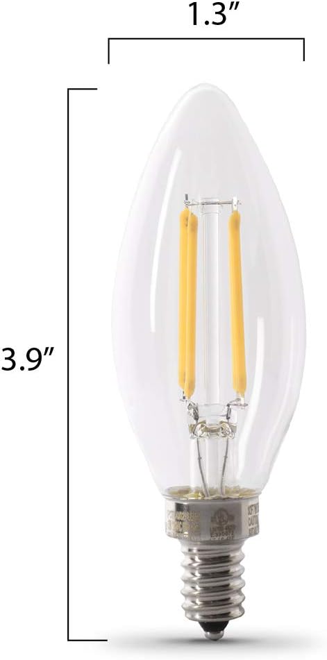 Feit Electric 40W Equivalent Candelabra LED Light Bulb, Dimmable, E12 Base, 2700K Soft White, B10 Filament Torpedo Tip Decorative Lighting Bulbs, 13-Year Lifetime, CTC40/927CA/FIL/6, 6-Pack