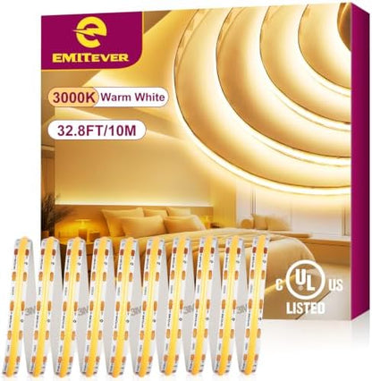 EMITEVER 24V COB LED Strip Lights 3000K,32.8ft 4800LEDs,UL Listed