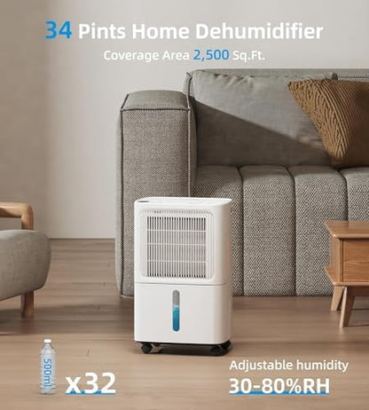 VEAGASO 34 Pint Dehumidifiers, 2500 Sq. Ft Dehumidifier for Basement,