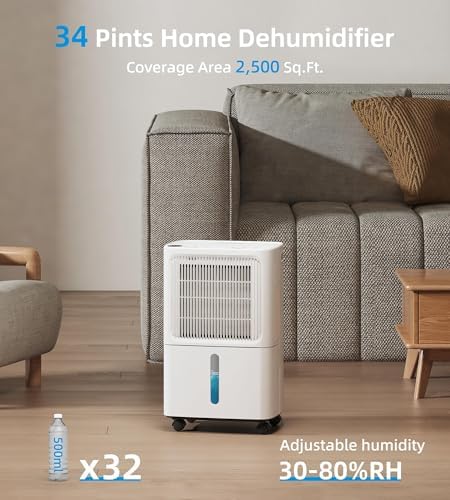 VEAGASO 34 Pint Dehumidifiers, 2500 Sq. Ft Dehumidifier for Basement,
