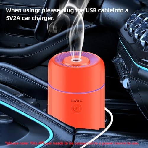 SEEDSEEL 100ML Car Essential Oil Diffuser, Mini Air Humidifier with 7-LED Color Changing, Suitable for Car (Orange)