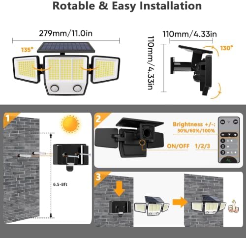 MDCMDCM Solar Motion Sensor Outdoor Lights Waterproof - 3000LM 3 Modes Security Lights Outdoor 270° Illumination IP65 LED Solar Flood Wall Light for Garden Yard Patio Pathway