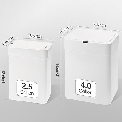 SYNCVIBE 2 Pack Bathroom Trash Can with Lid - 2.5 Gal and 4 Gal Motion Sensor Garbage Bin, Smart Rubbish Bin, Waterproof Slim Dustbin, Automatic Plastic Trash Can for Bathroom, Office, White