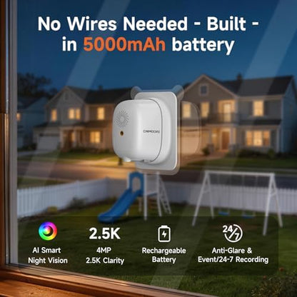 4MP 2.5K Wireless Window Camera, Rechargeable Indoor HD Home Security Camera, 2.4GHz WiFi, Full Color Night Vision, AI Motion Detection, Anti-Glare, No Wiring, Static Cling Mount No Residue