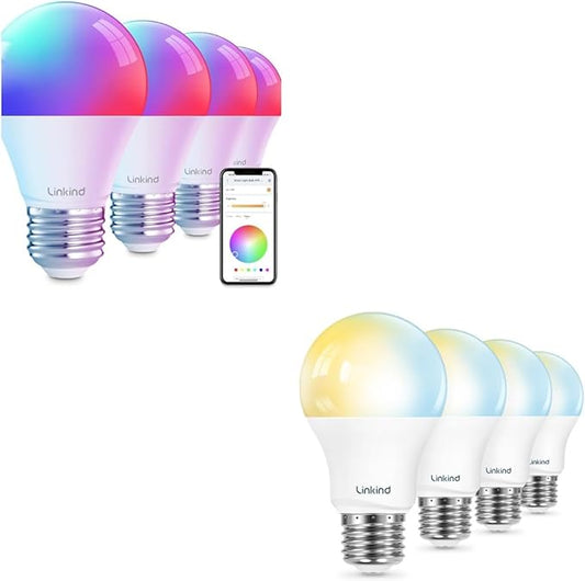 Linkind Color Changing Smart Light Bulbs 4 Pack Bundle with Tunable White Smart Light Bulbs 4 Pack (Soft White to Cool White), Compatible with Alexa & Google Home