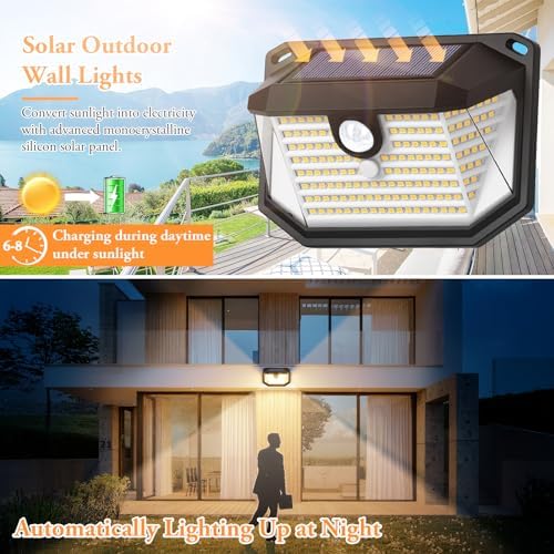 Brightever Solar Outdoor Lights, 4-Pack 178 LEDs Motion Sensor Wall Light with 270° Wide Angle & 3 Modes, Waterproof 3000K Solar Powered Security Light for Patio Garden Garage Front Door