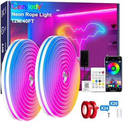 Cozylady 12M(2 Roll 6M) RGB Neon Lights LED Rope Light,40ft Waterproof Bluetooth APP Remote Control Music Sync Strip Light,24V Flexible DIY Silicone Light for Bedroom Home Indoor Outdoor Decor(40ft)