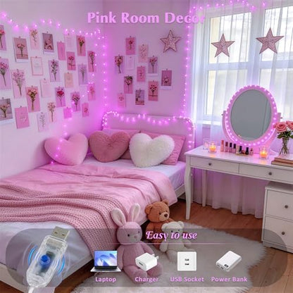 JMEXSUSS Pink Fairy Lights Plug in, 33ft 100 LED Pink String Lights Indoor