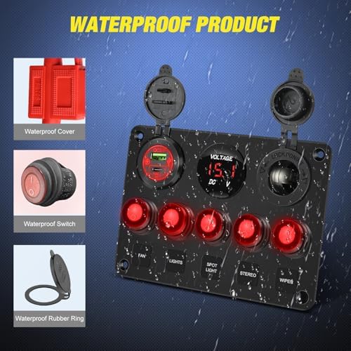 Nilight 5 Gang Multi Function Waterproof Switch Panel Red