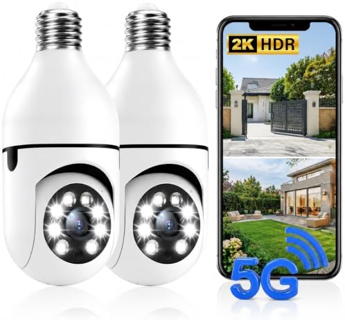Light Bulb Security Camera 2‑Pack, 3MP Wireless Outdoor Camera, 2.4GHz/5GHz Dual‑Band WiFi, Light Socket Camera, Two‑Way Talk, Human Detection, Color Night Vision, TF Card & Cloud Storage