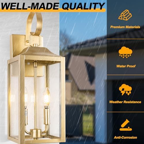 19" Gold Outdoor Wall Lantern 2-Light, Large Modern Outdoor Sconce Lights