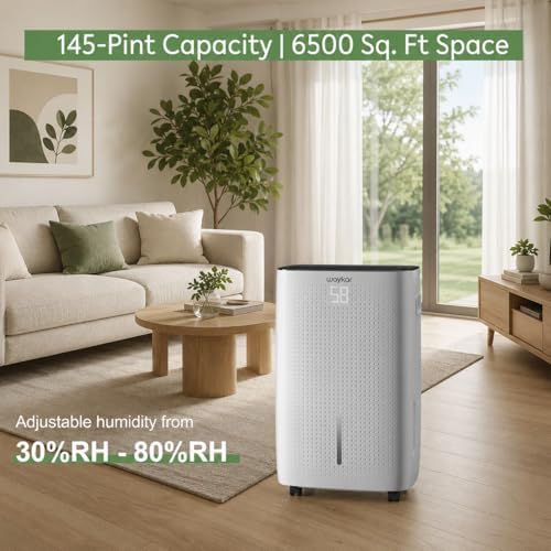 Waykar 145 Pints 6,500 Sq. Ft High Efficiency Dehumidifier with Pump for Commercial and Industrial Large Room, Basement, Home, Storage, Warehouse with Drain Hose and Water Tank