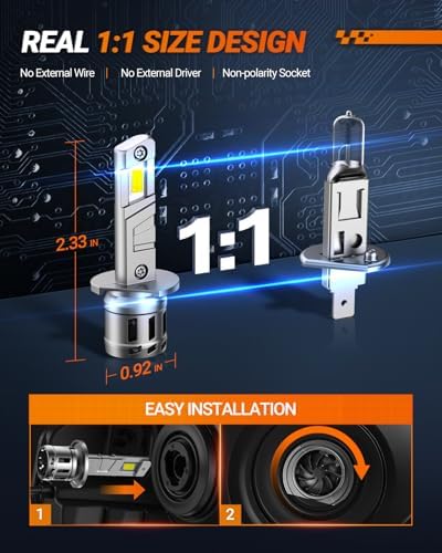 SEALIGHT H1 Fog Bulbs, 50000LM 6500K Cool White, 1:1 Mini Size, H1 Bulb Light with 13000RPM Cooling Fan, 3 Mins Plug-N-Play, IP67 Waterproof Non-polarity, Pack of 2