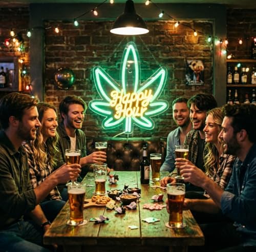 Happy Hour Neon Sign, USB 5V Powered LED Silicone Strip Neon Light, Acrylic Board Wall Decor for Bar Pub Man Cave Home Party, Non-Waterproof Indoor Use Only, Marijuana Neon Signs for Wall Decor