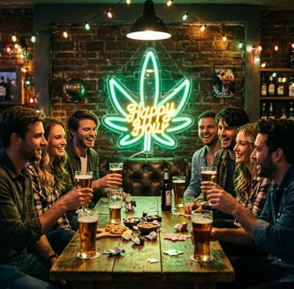 Happy Hour Neon Sign, USB 5V Powered LED Silicone Strip Neon Light, Acrylic Board Wall Decor for Bar Pub Man Cave Home Party, Non-Waterproof Indoor Use Only, Marijuana Neon Signs for Wall Decor
