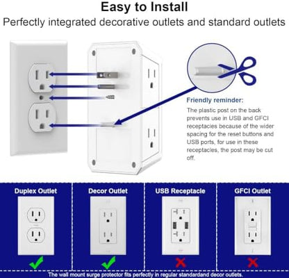 Multi Plug Wall Outlet Surge Protector with 6-Outlet & 4 USB Ports(2USB-C)