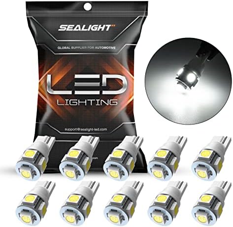 SEALIGHT 194 LED Bulbs, 168 W5W 2825 LED Bulb 6000K White Super Bright Replacement for License Plate Light, Dome Light, Map Light,Courtesy Light (Pack of 10), Automotive Parking Light Assemblies