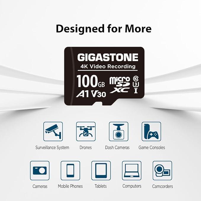 GIGASTONE 100GB Micro SD Card 2-Pack, A1 V30 4K Video Recording, Compatible with Security Camera, Dash Cam, Drone, 100MB/s MicroSDXC Memory Card UHS-I, with Adapter