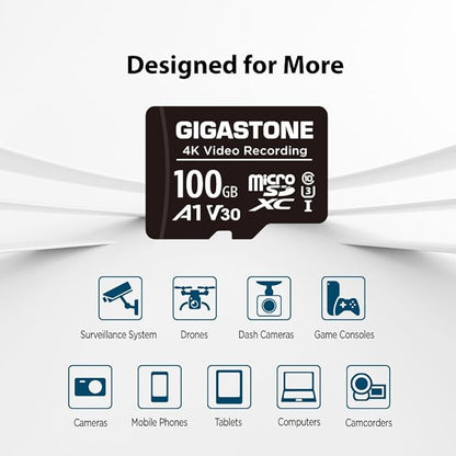 GIGASTONE 100GB Micro SD Card 2-Pack, A1 V30 4K Video Recording, Compatible with Security Camera, Dash Cam, Drone, 100MB/s MicroSDXC Memory Card UHS-I, with Adapter