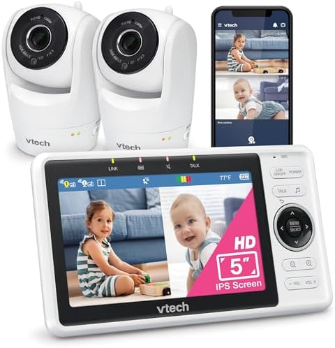 VTech Smart WiFi Baby Monitor, 2 Cameras – See Both Rooms at Home or from Anywhere, Free App, 1080p Split Screen, 5" HD Screen, Pan-Tilt-Zoom, Night Vision | VM901-2