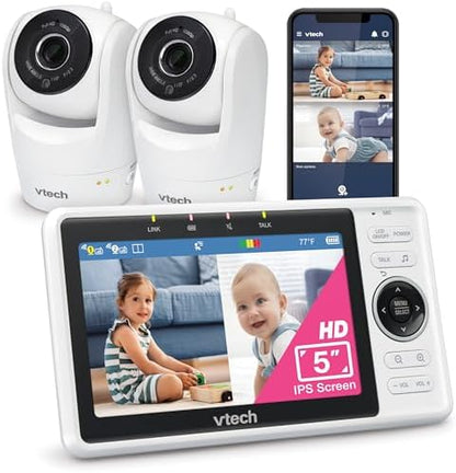 VTech Smart WiFi Baby Monitor, 2 Cameras – See Both Rooms at Home or from Anywhere, Free App, 1080p Split Screen, 5" HD Screen, Pan-Tilt-Zoom, Night Vision | VM901-2