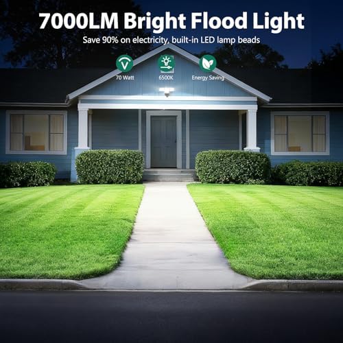70W 7000LM Security Lights Outdoor, 4-Head LED Motion Sensor Light, Hardwired Dusk to Dawn Flood Light, 6500K Daylight, IP65 Waterproof, 3 Modes for Yard Garage Porch (1)