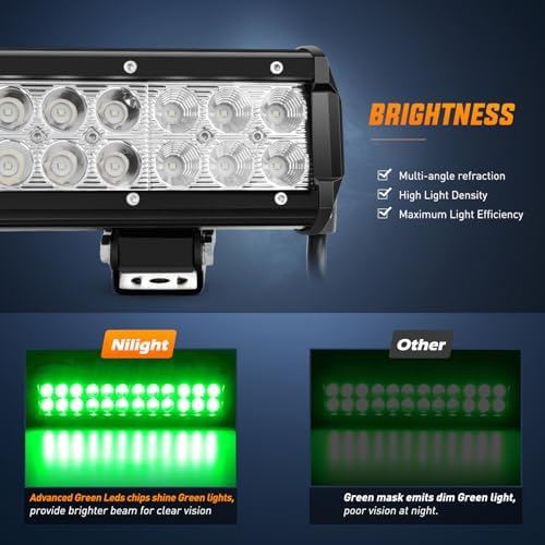Nilight LED Light Bar 12 Inch 72W Spot Flood Combo Green Beam Off Road Lights Fishing Hunting Emergency Deck Boat Work Lighting for Trucks UTV Pick-up Van Boat Tractor