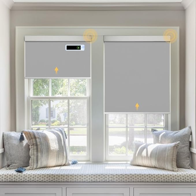 Motorized Blinds with Remote, Blackout Cooling Automatic Shades with Solar Panel Cordless Smart Blinds for Windows, Custom Electric Blinds Horizontal Roller Shades,White,33¾" W X 72" H