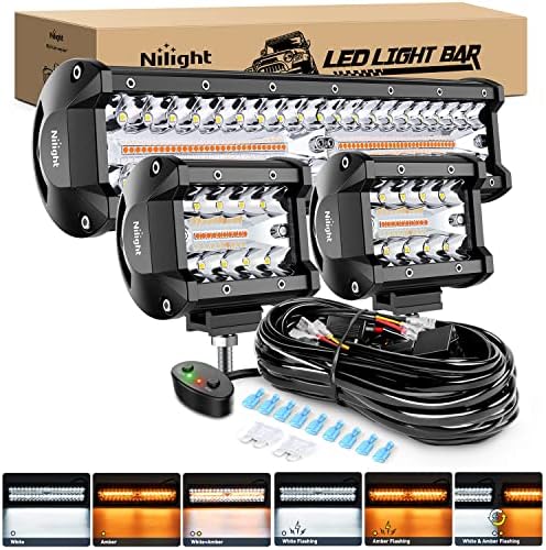 Nilight 12Inch 300W LED Light Bar 2PCS 4Inch 60W Light Pods Amber White Strobe 6 Modes Memory Function Reset Function Off Road Truck with 16AWG Wiring Harness Kit-3 Leads, 2 Years Warranty