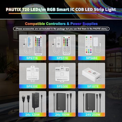 PAUTIX IP65 Waterproof RGB Smart IC COB LED Strip Light Addressable 24ft/7.5m,24V Color Flowing Strip Light Multicolor Flexible Tape Light for TV,Room,Party DIY Decoration(Without Controller&Adapter)