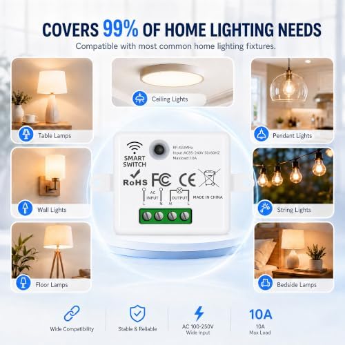 Wireless Light Switch Kit, No Wiring, RF Remote, 2 Switches, 10 Receivers