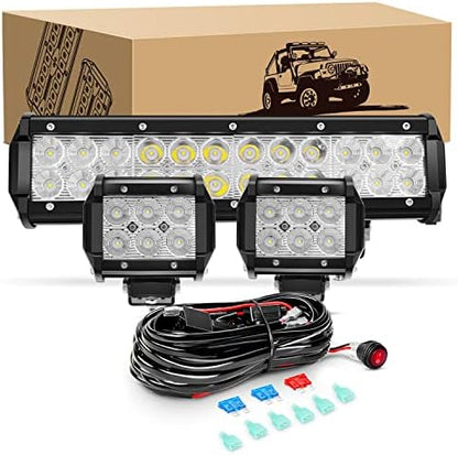 GOOACC 12Inch 72W Led Light Bar 2PCS 4 Inch 18W LED Pods Led Driving Fog Lights with 16AWG Off Road Wiring Harness-3 Leads for Truck Golf Cart SUV ATV UTV Boat, 2 Years Warranty