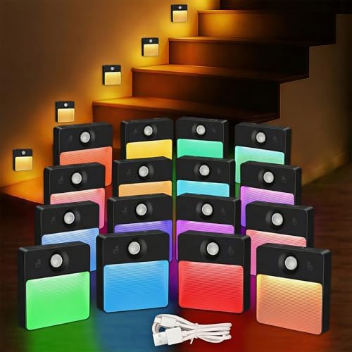 16 Pack Motion Sensor Stair Light for Indoor, Rechargeable Battery Operated Night Lights, RGBW Stick On Closet Lamp, Motion Activated Magnetic Lighting Lamps for Step, Cabinet,Hallway,Bathroom