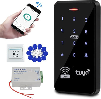 WiFi Tuya Door Access Control System Kit IP68 Waterproof RFID Keyboard 125KHz 13.56MHz Smart Phone APP Unlock + Power Supply +10pcs Keyfobs (Without Lock)