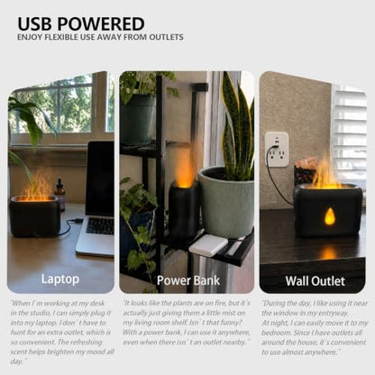 Flame Diffuser for Essential Oils, 200ml Ultrasonic Aroma Diffusers with Cool Mist, Aromatherapy Diffuser with Auto-Off Protection (Black(7 Colors), Peppermint+Lavender+Tea Tree+Lemon)