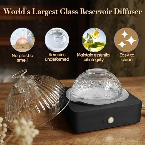 Glass Dome Essential Oil Diffuser with Glass Reservoir & Wood Base-Plastic Free, 200ml Ultrasonic Diffuser for Aromatherapy with Timer 7 Color Light Auto-Off for Home Office Yoga Dark Brown