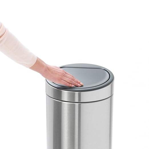 Brabantia Press-Top Kitchen Trash Can | Steel/Black | 8 Gallon / 30L | Home Trash Can with Soft-Touch Stay-Open Lid & Removable Inner Bucket | + Trash Bags